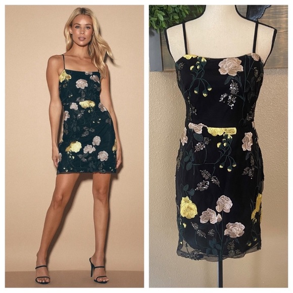 Lulus | Dresses | Nwot Lulus Rue Black Floral Embroidered Sequin Bodycon  Mini Dress | Poshmark